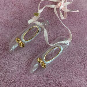 Blown Glass BALLET SLIPPER Ornament Set with Pink Satin Ribbon 2.25"